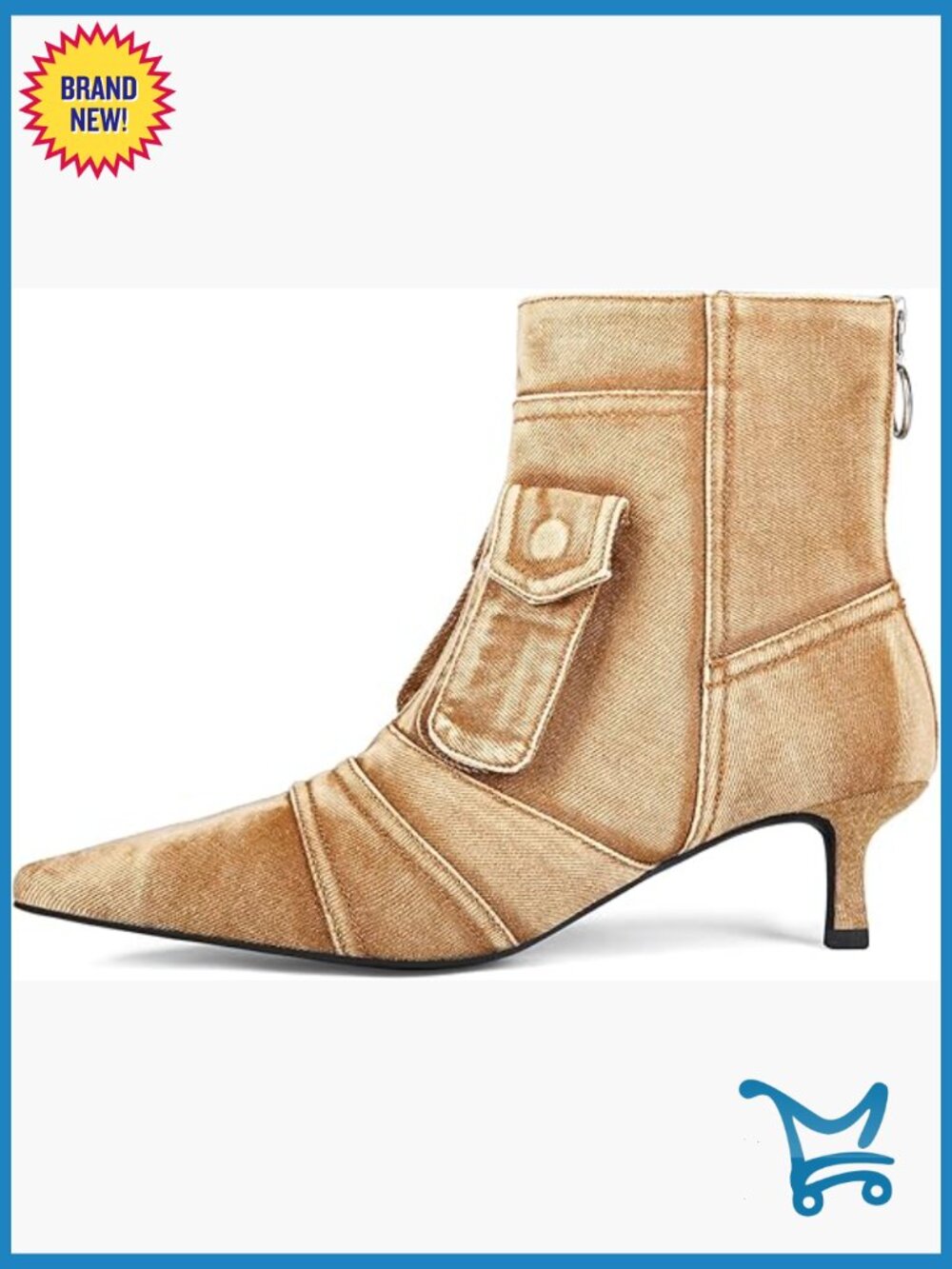 Short Ankle Denim Booties with Pointed Toe and Low Kitten Heel